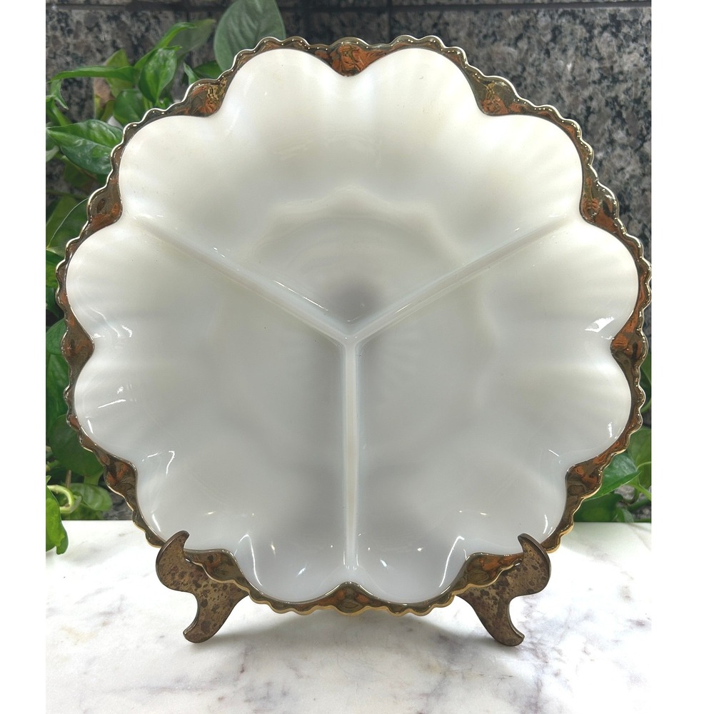 Vintage Anchor Hocking Fire King Milk Glass Divided Relish Gold Scalloped Rim
